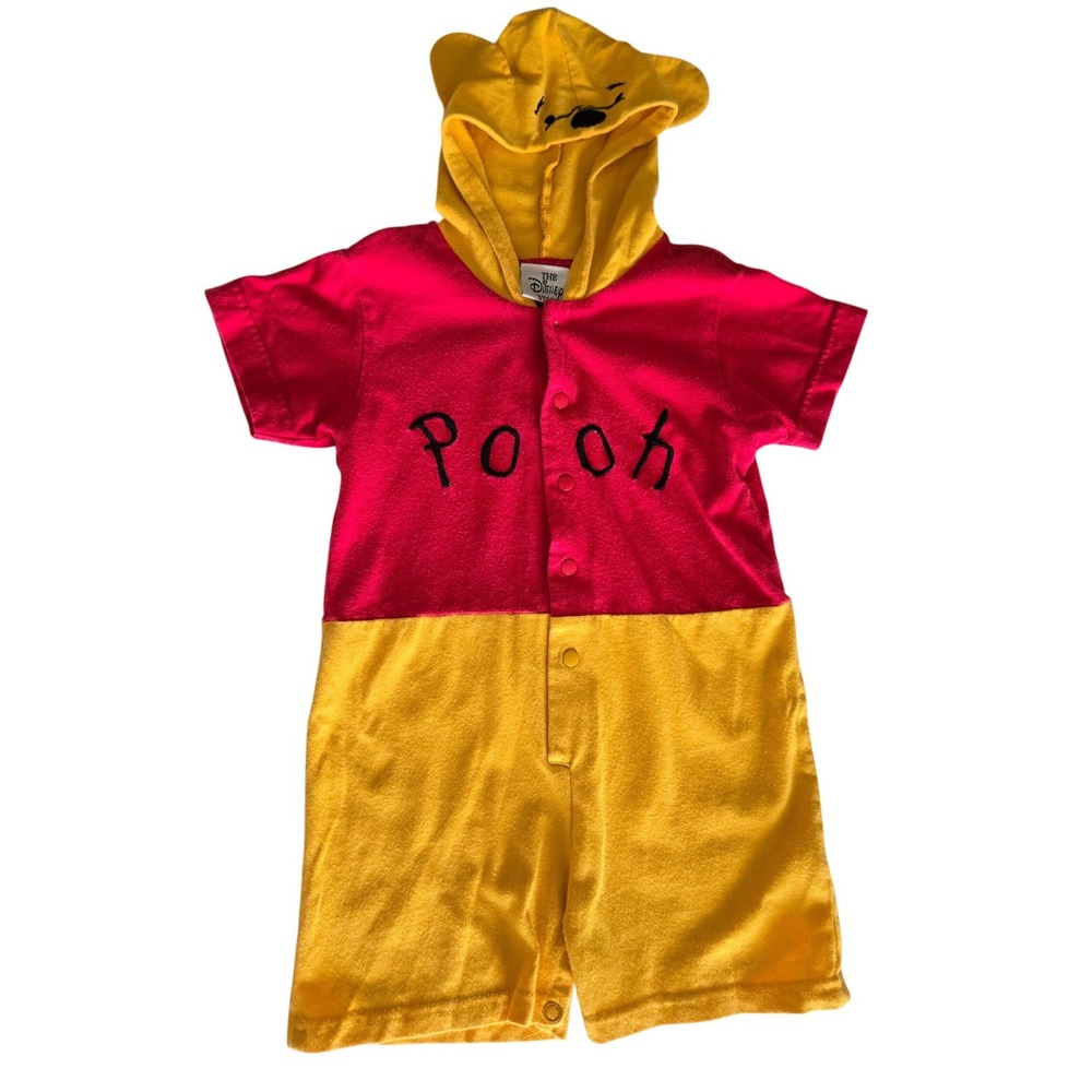 Disney Store Kids Baby 18M Romper Red Yellow Vintage 90s Winnie the Pooh Hooded